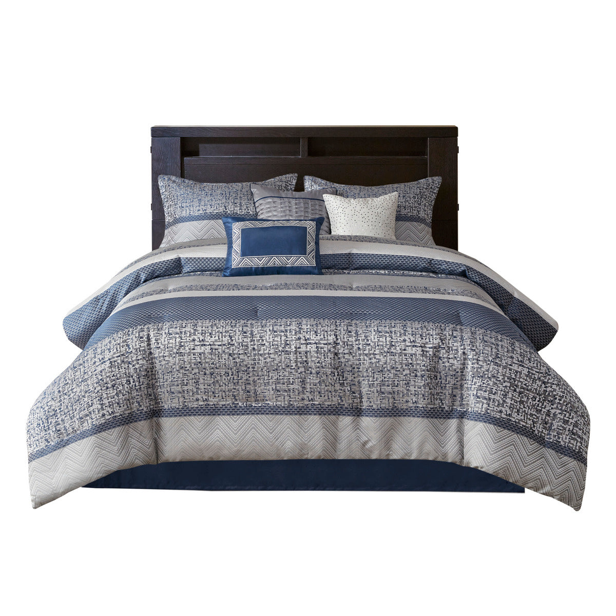 Jacquard Comforter Set 7 Piece with Decorative Pillows - Navy and Grey