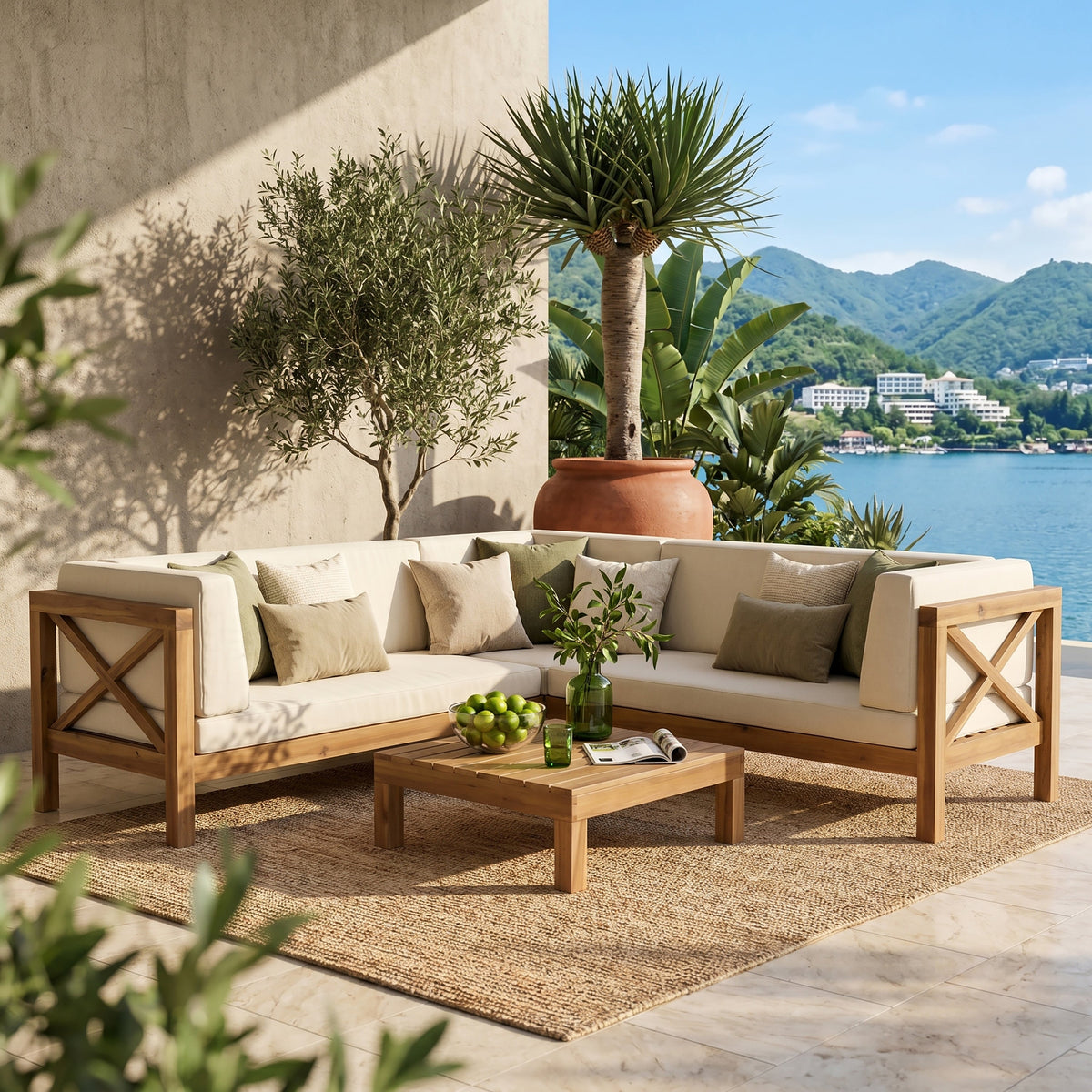 Brava X-Back 4-Piece Sofa Set with Water-Resistant Cushions - Beige