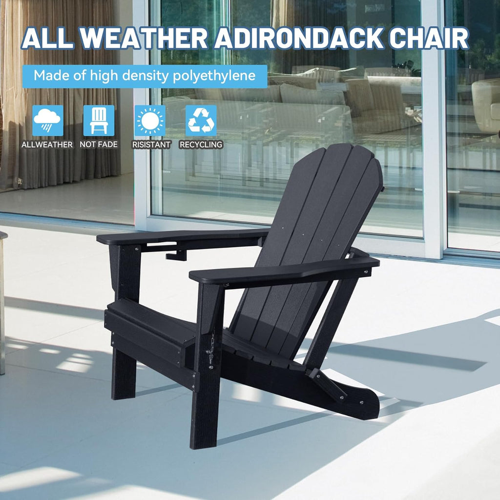 Black Folding Adirondack Chair with Cup Holder - HDPE Outdoor Patio Seating