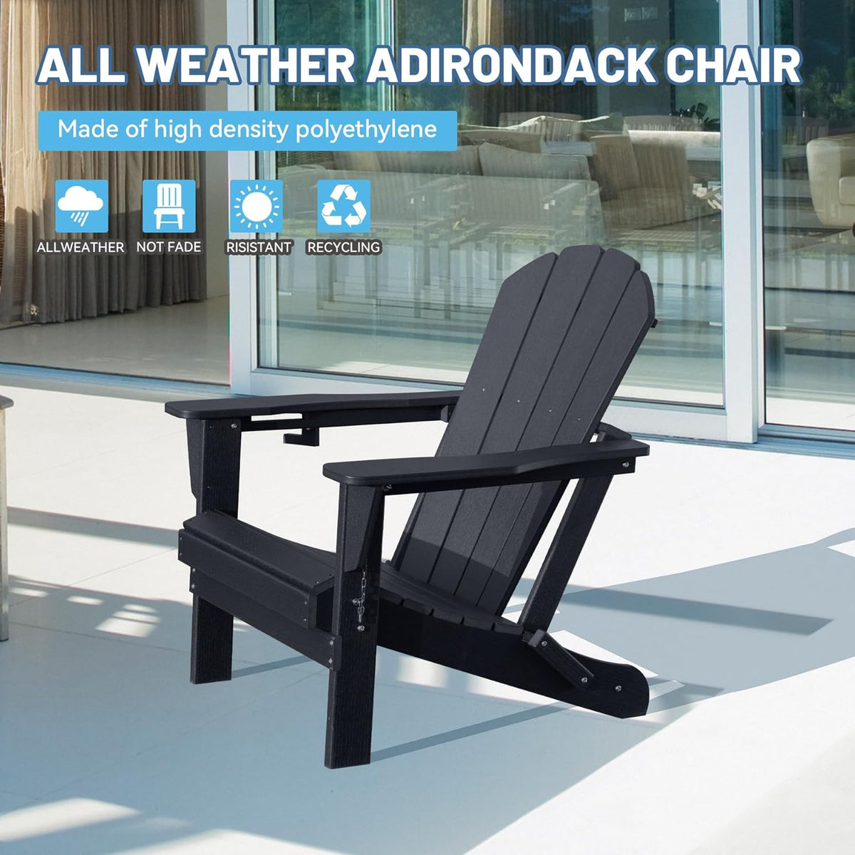 Black Folding Adirondack Chair with Cup Holder - HDPE Outdoor Patio Seating