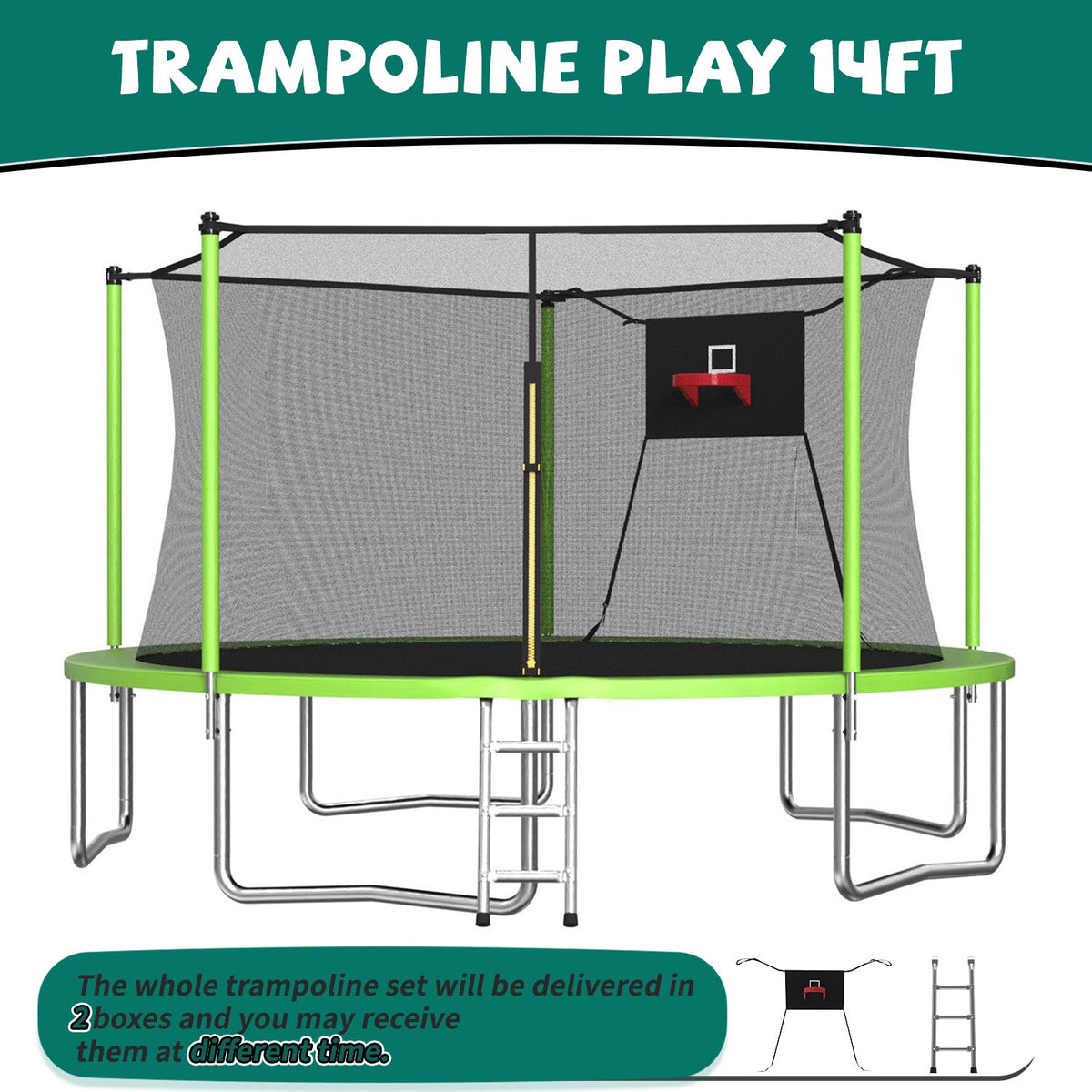 14FT Sports Fitness Trampoline with Safety Enclosure Net - Green