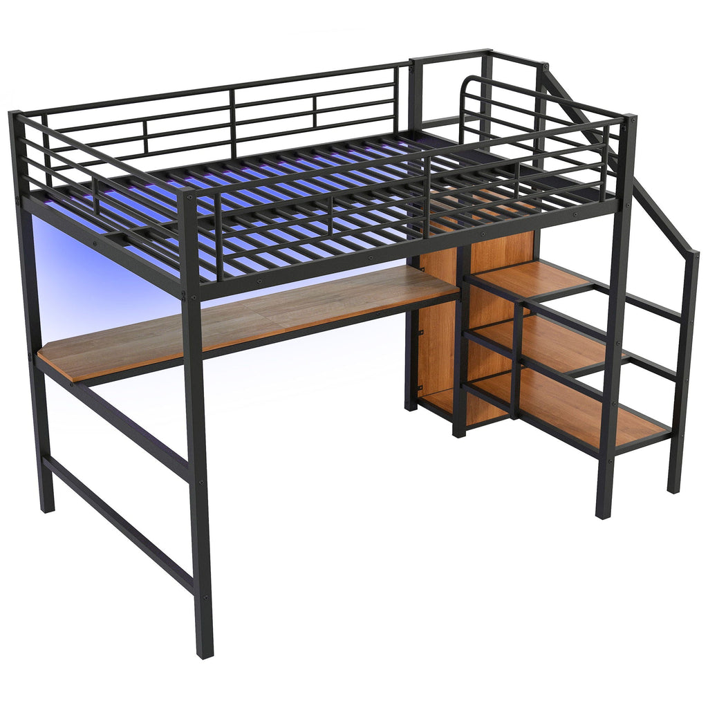 Full Size Loft Bed with Desk, Storage Staircase & Wardrobe - Black or White
