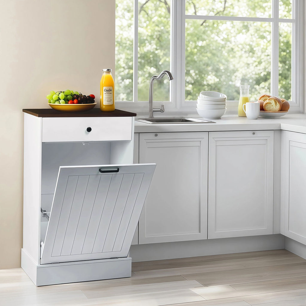 Tilt Out Trash Cabinet With Drawer, 10 Gallon Hamper - White