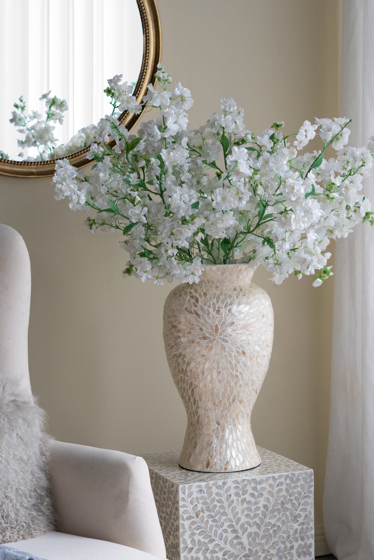 Large Vase with Capiz Shell Motif - Gold & White