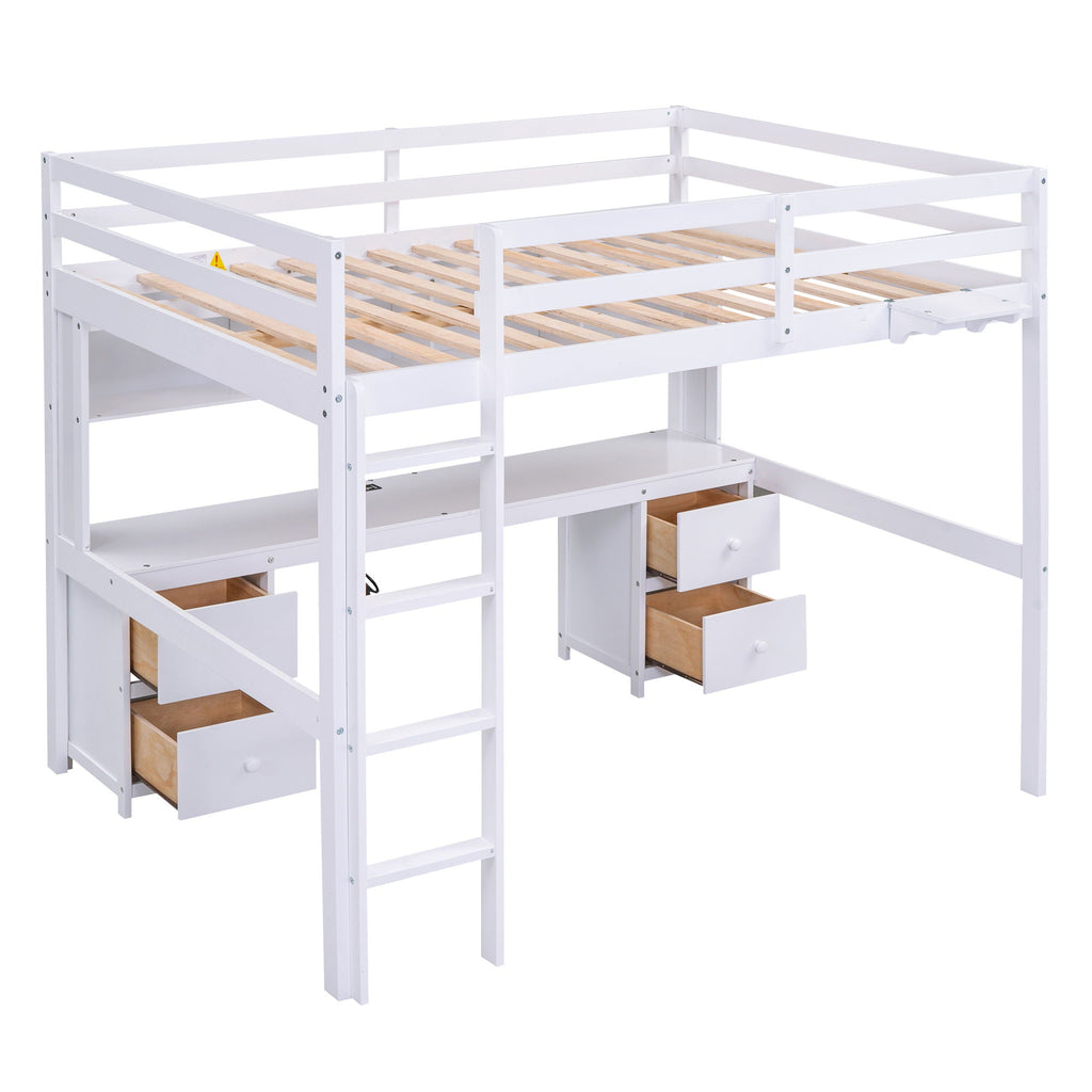 Loft Bed With Desk, Cabinets, Drawers, Charging Station And Bedside Tray