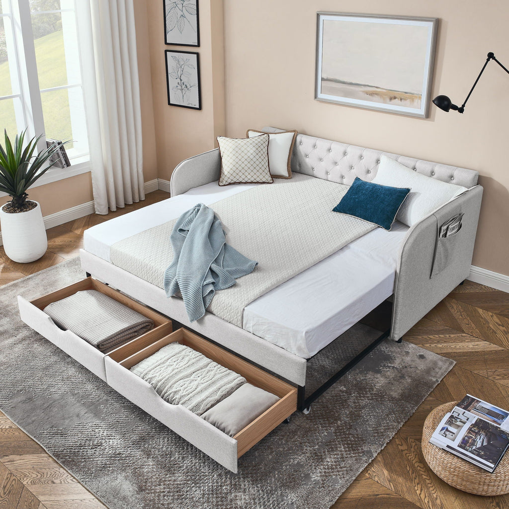 Daybed with Trundle and Storage Drawers - Twin, Fabric Upholstered - Multiple Colors