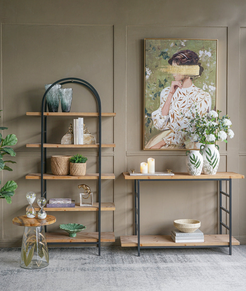 Tall Arched Wood and Iron Display Shelf with Striking Design