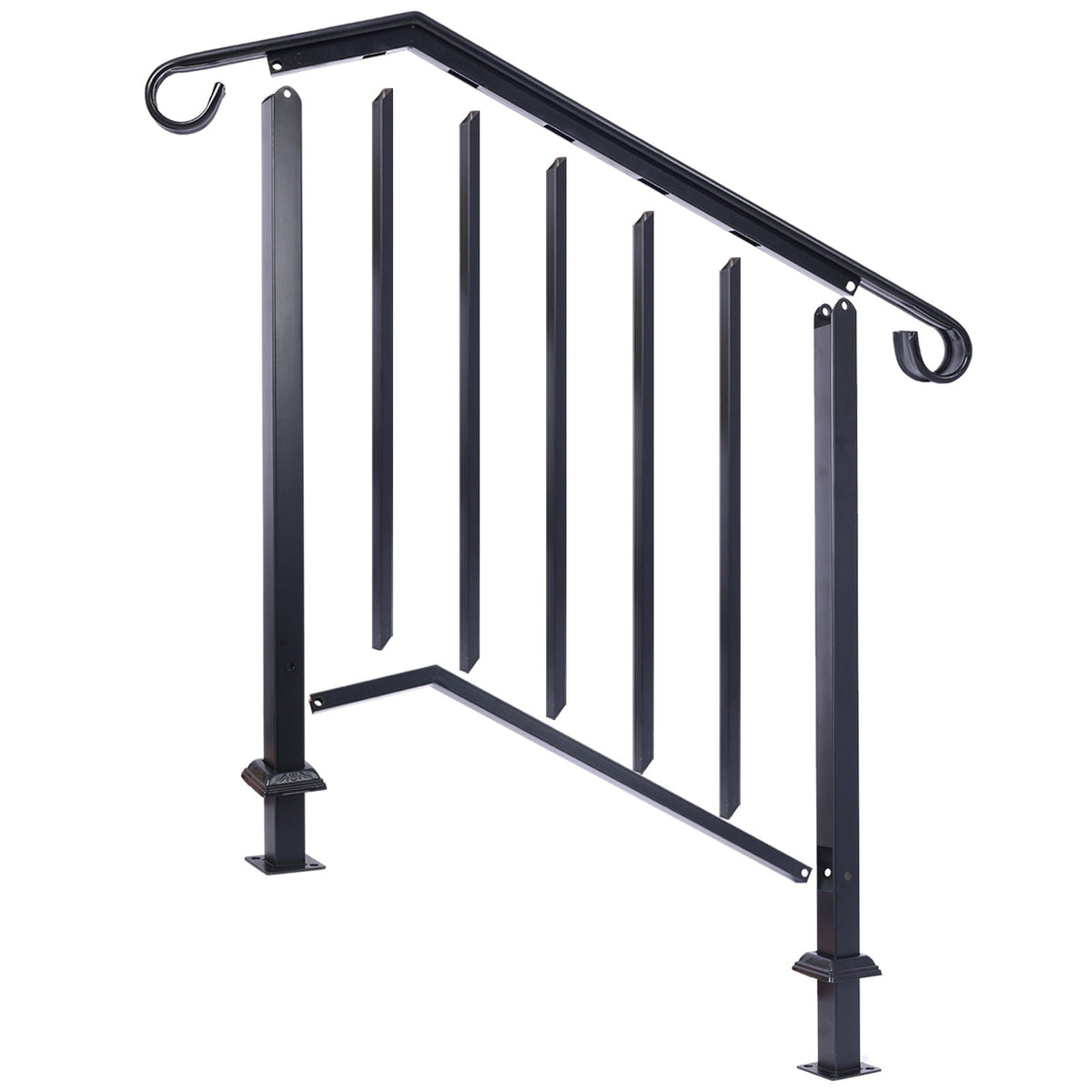Wrought Iron Outdoor Handrail for 2 or 3 Steps with Rustproof Finish - Black