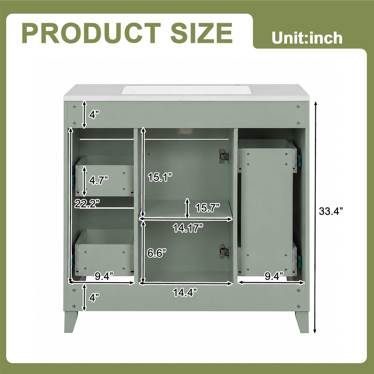 36" Green Bathroom Vanity with Ceramic Sink - Solid Wood Frame