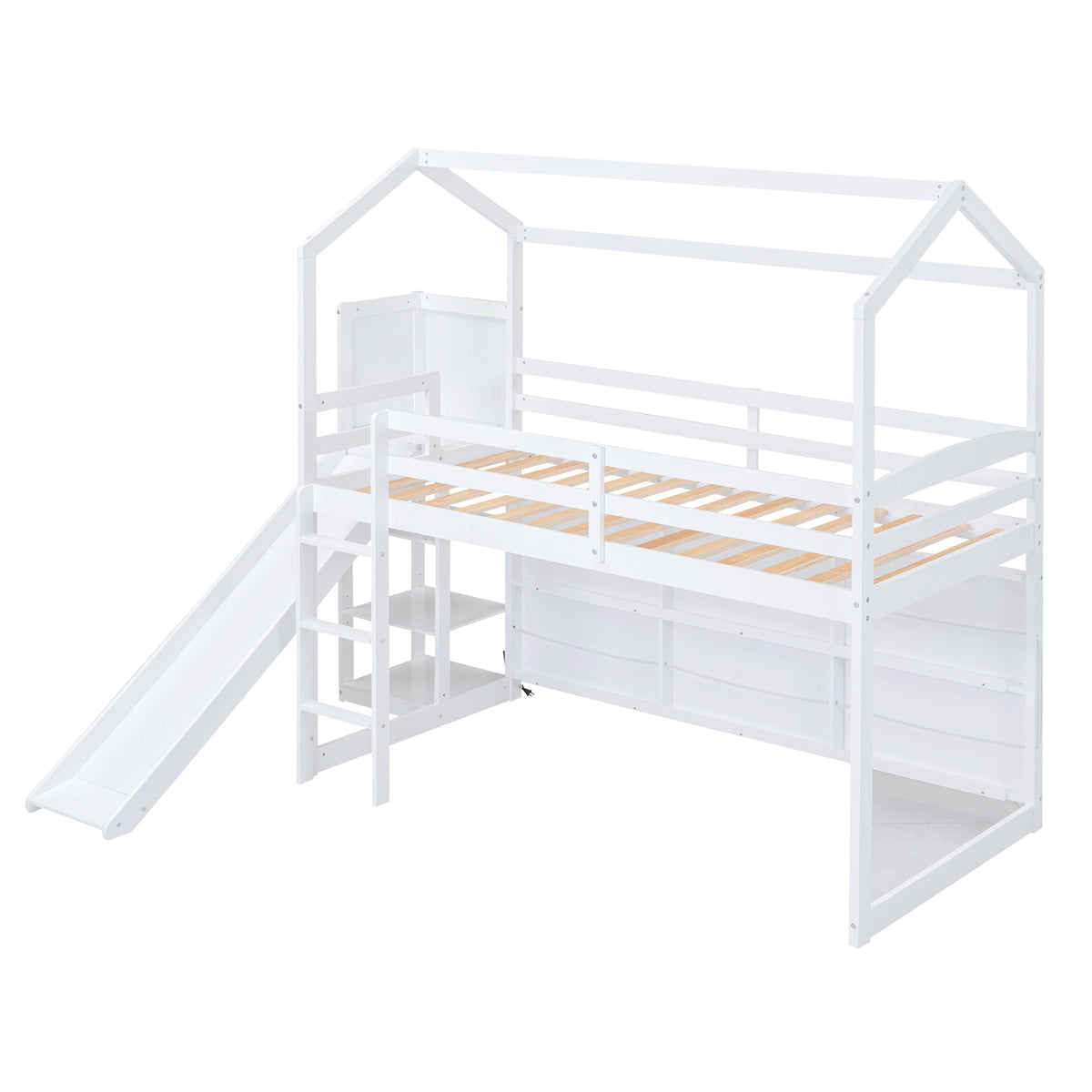 House Loft Bed with Slide and Storage Shelves - Twin with Light