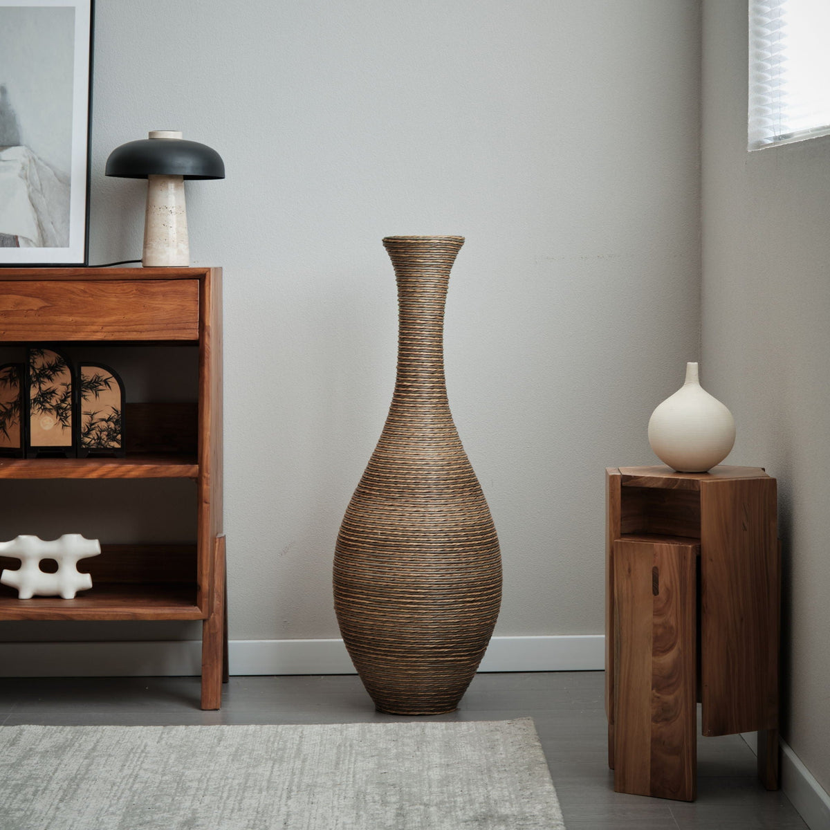 Tall Artificial Rattan Floor Vase with Artistic Design - Beige / Gray