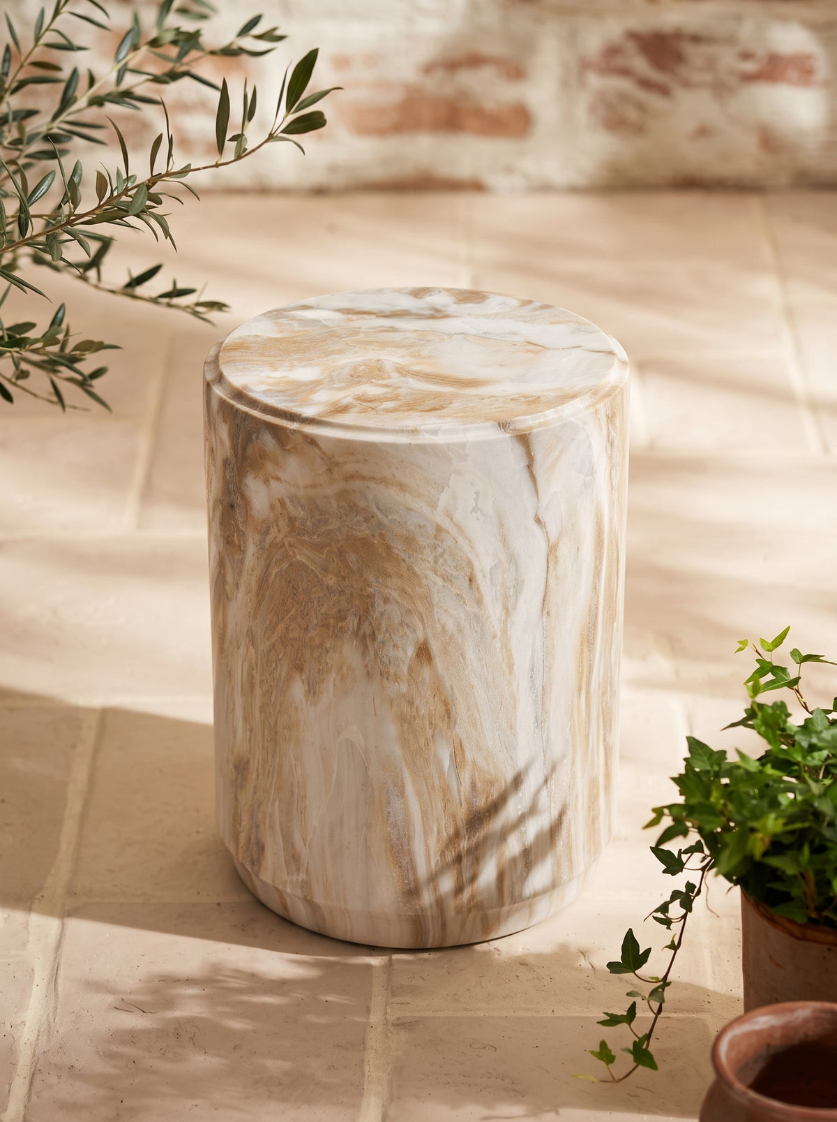 Marble-Look Stool Accent Table with Swirling Stone Finish - Beige, Green, or Black