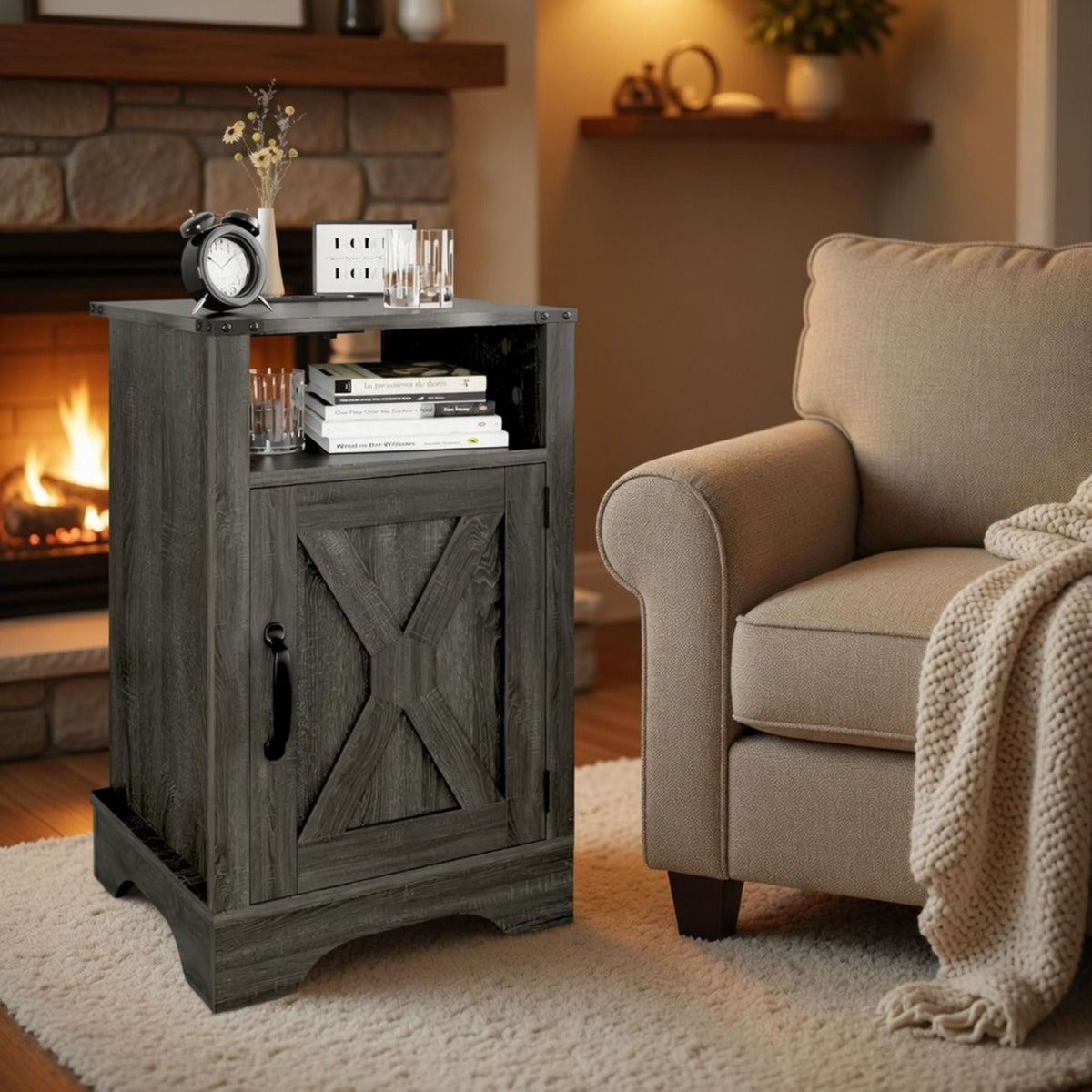 Farmhouse Nightstand with Charging Station & Storage - Multiple Colors
