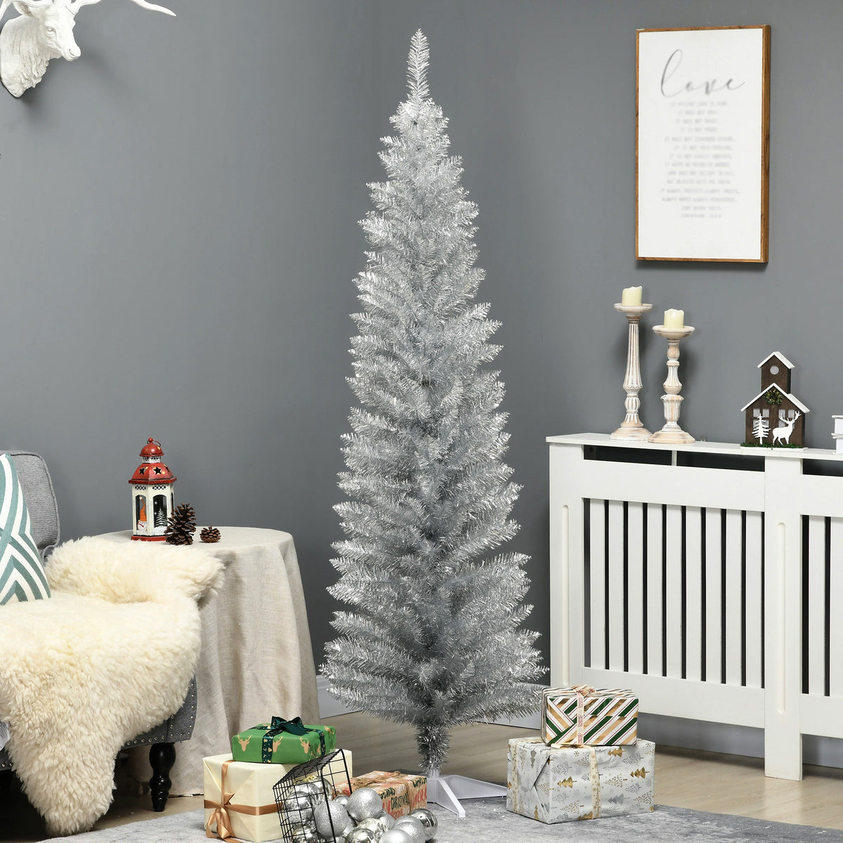 6' Artificial Pencil Christmas Tree with Slim Design - Silver, White, Black