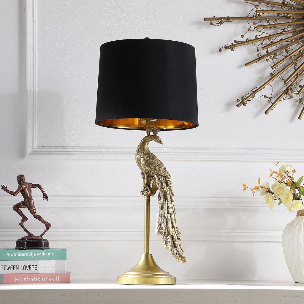 Modern Elegance Golden Peacock Table Lamp with Semi Drum Shade - Gold