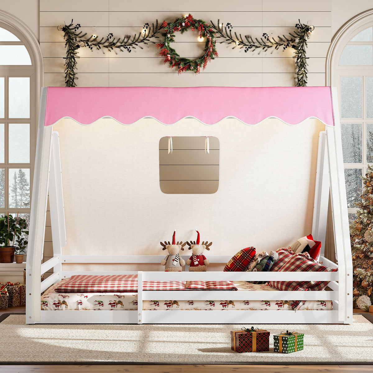 Full Size House Floor Bed with Tent and Light - Pine, MDF, and Plywood