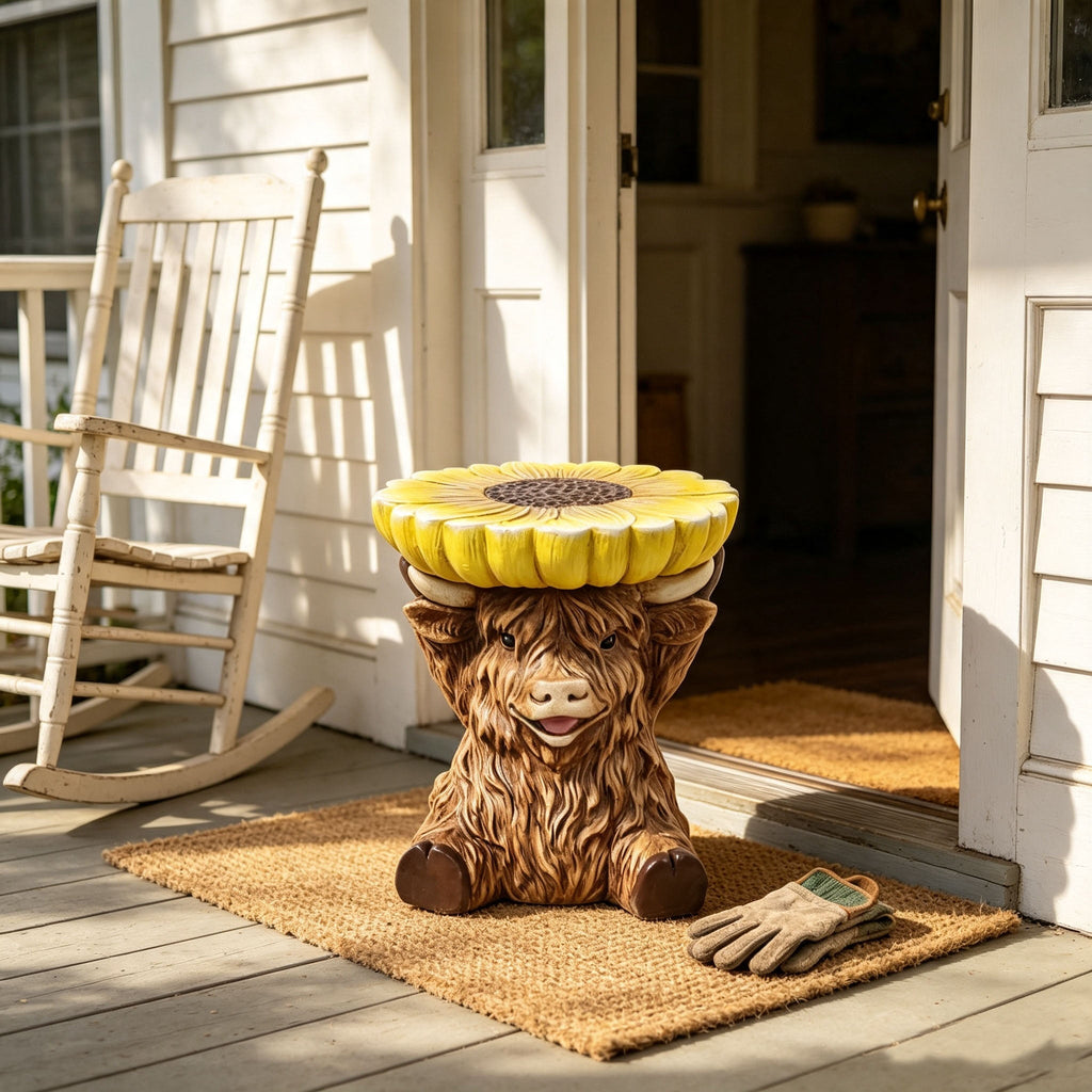 Highland Cow Stool with Sunflower Top - Resin Farmhouse Stool