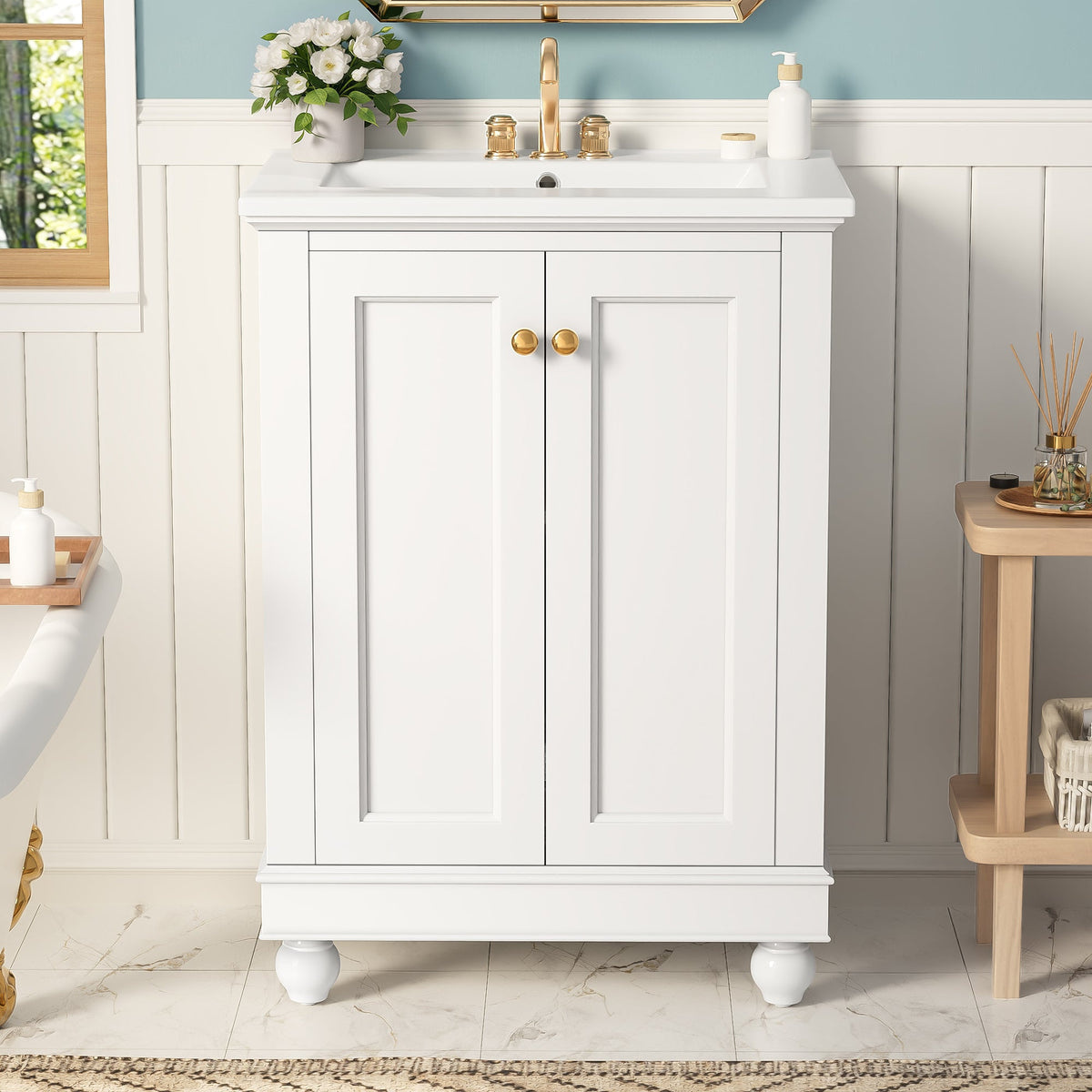 24 Inch Modern Bathroom Vanity Cabinet with Ceramic Sink - White, Blue, Green