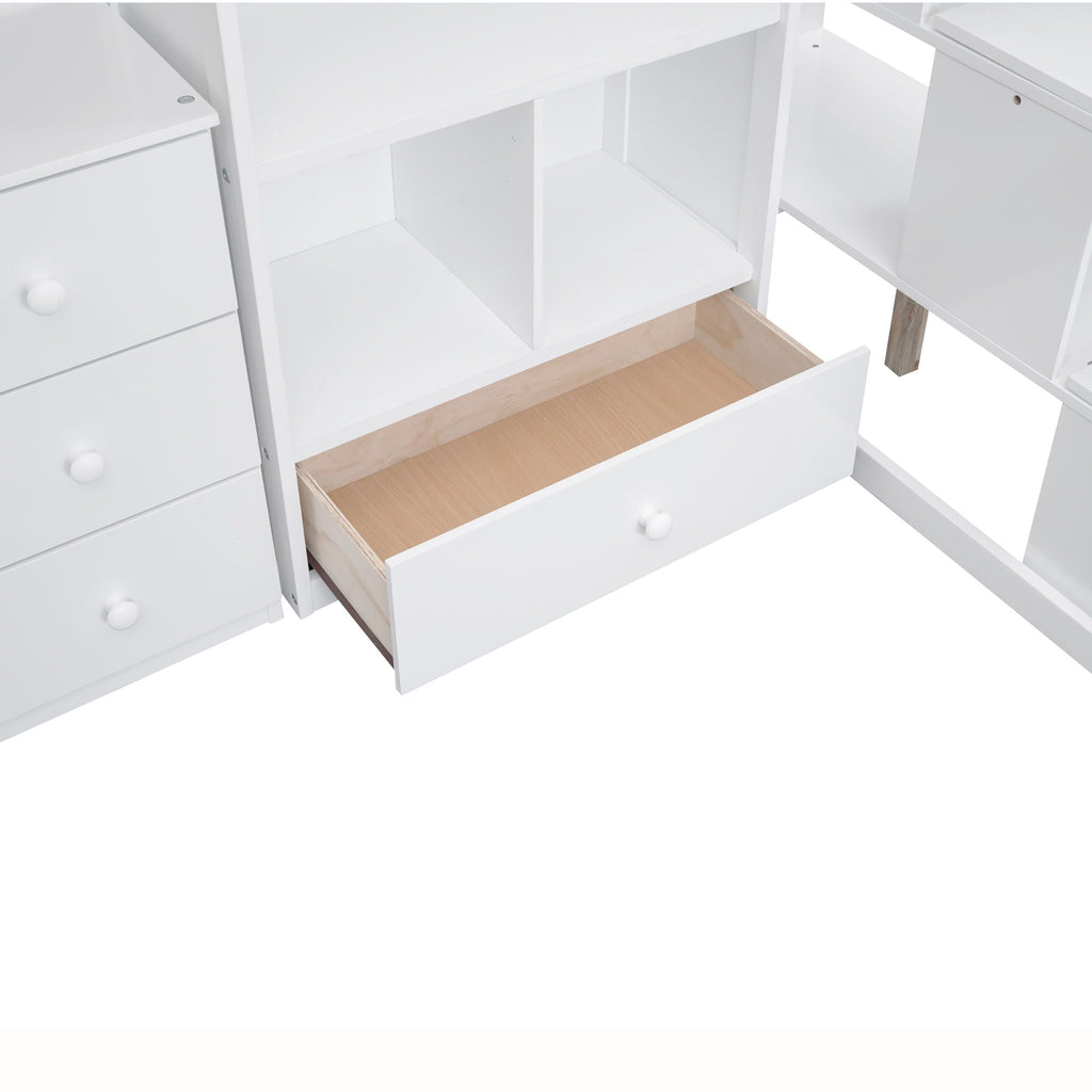 Loft Bed With L Shaped Desk, Drawers, Cabinet, And Storage Staircase