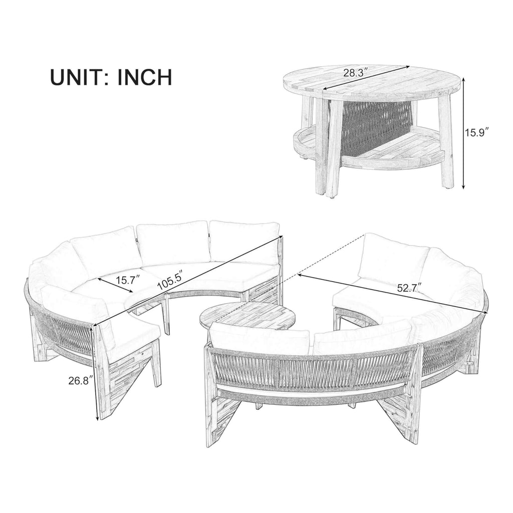 6-Person Half Moon Beige Patio Sectional Set With Cushions And Table (SAK61928)