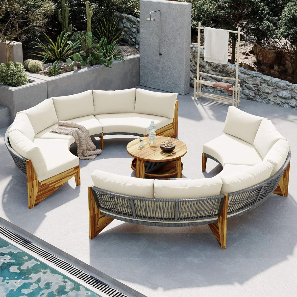 6-Person Half Moon Beige Patio Sectional Set With Cushions And Table (SAK61928)