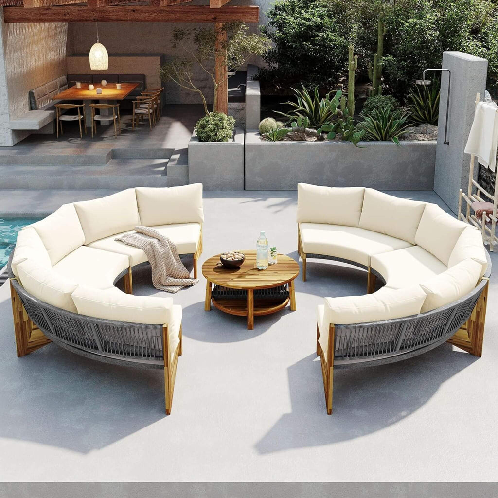 6-Person Half Moon Beige Patio Sectional Set With Cushions And Table (SAK61928)