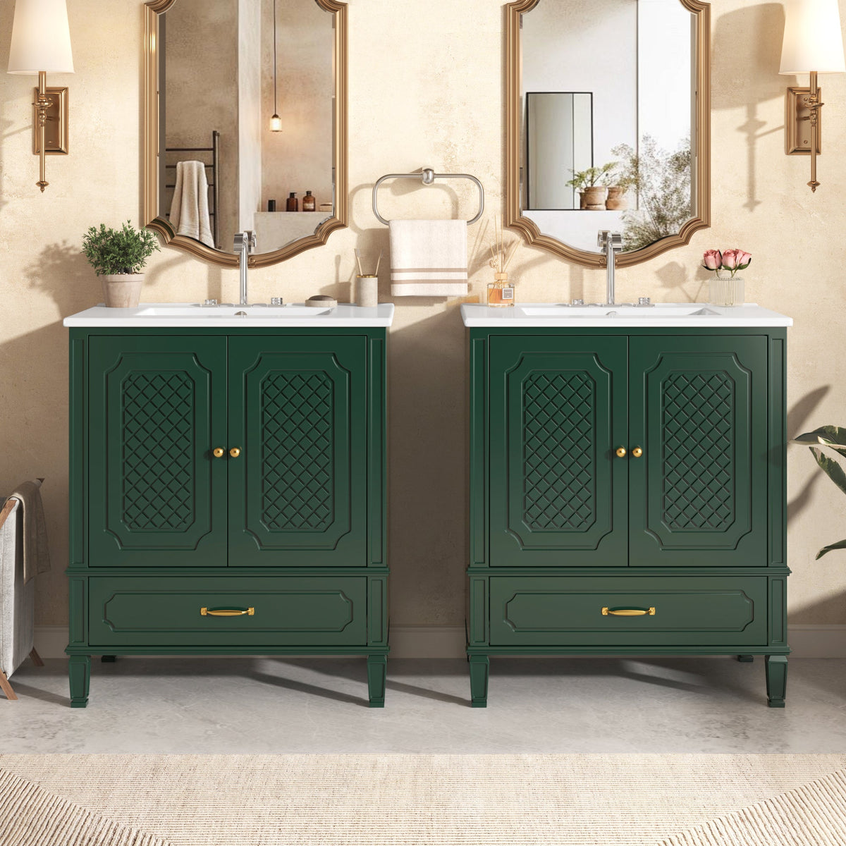 60-Inch Green Vintage Double Sink Vanity With Cabinets And Drawers (SAK26149)