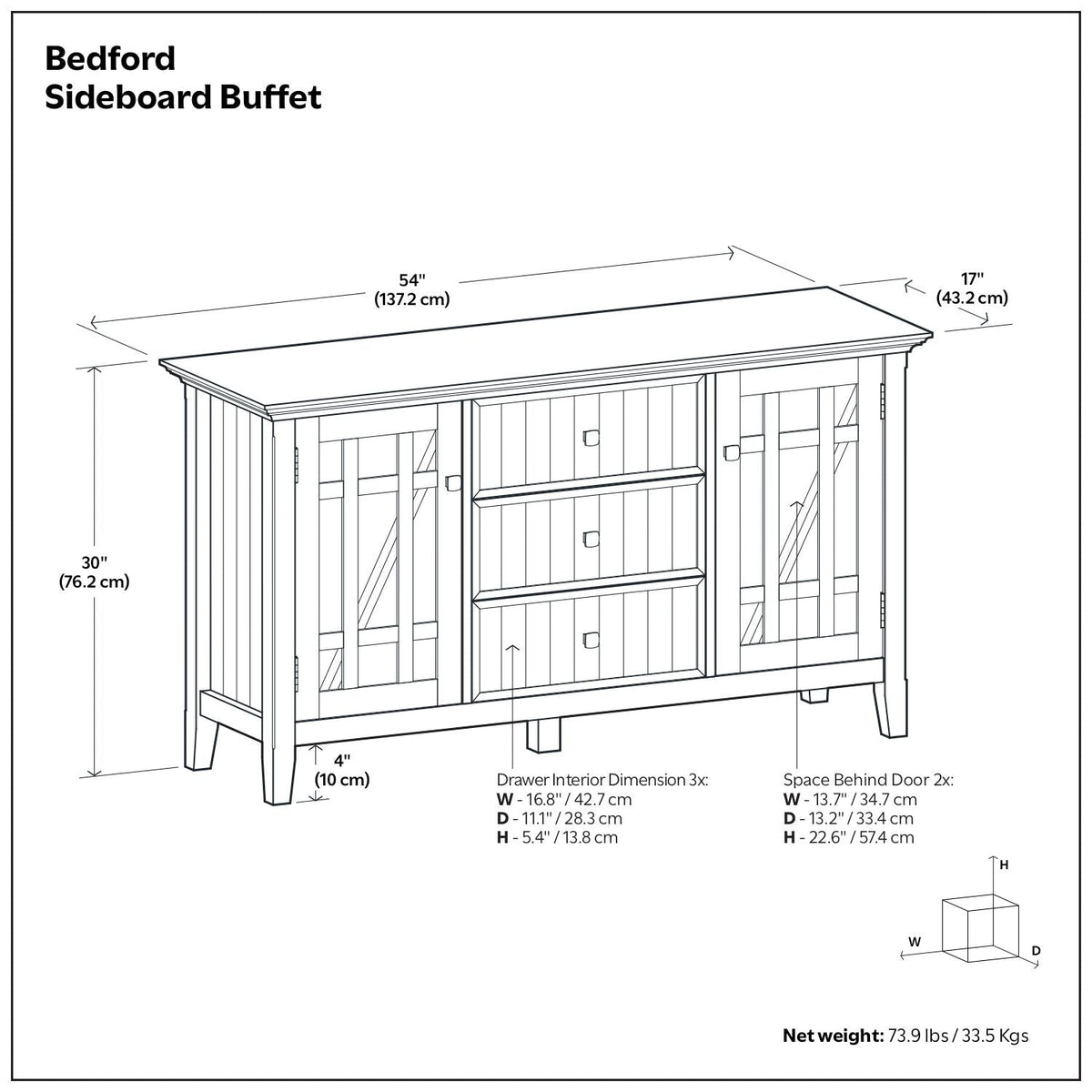 White Sideboard Buffet with Adjustable Storage - 54 in Wide