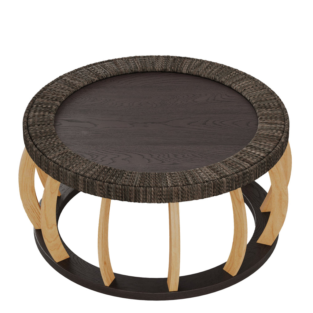 Vintage Rattan Solid Wood Round Coffee Table with Curved Legs - Natural