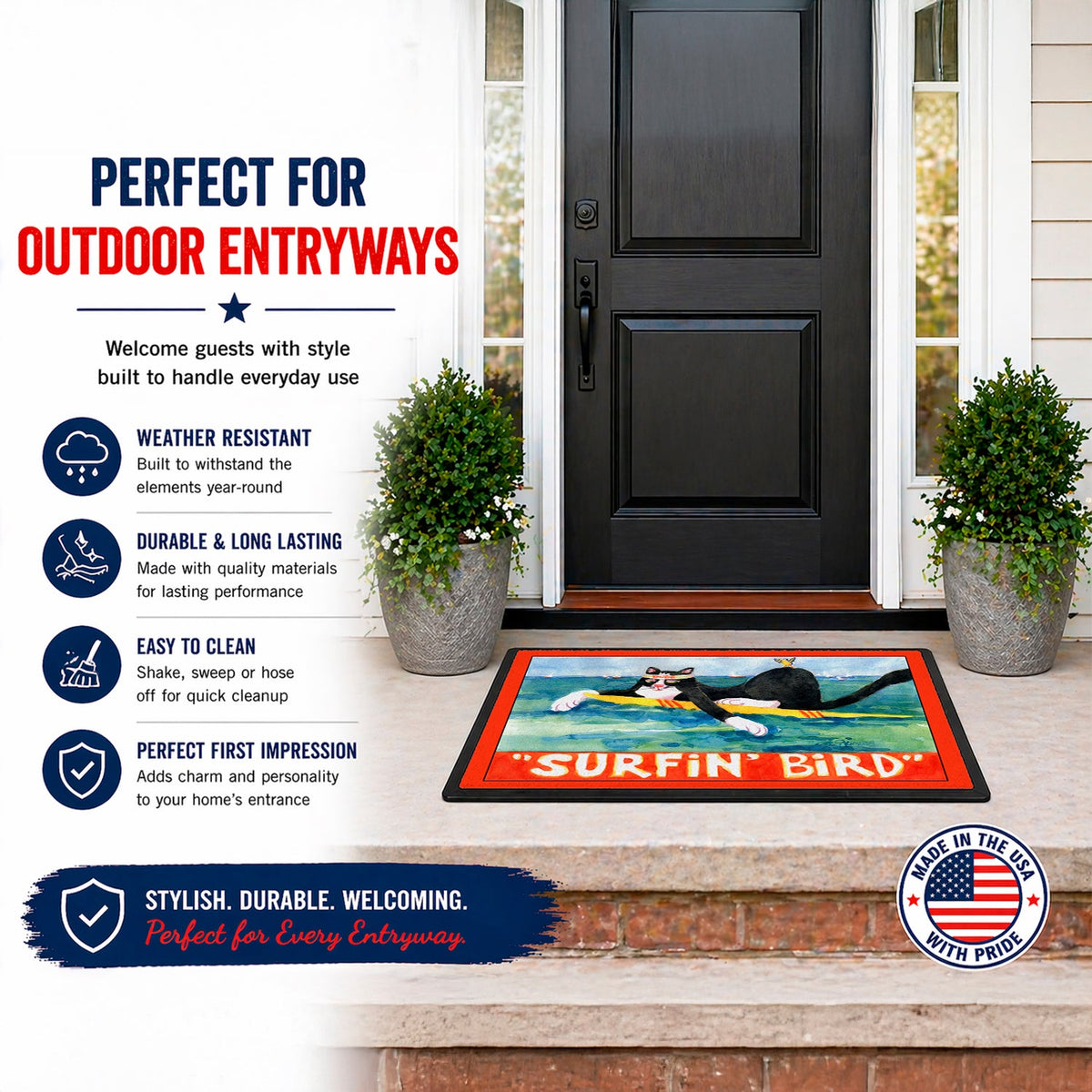 Black and white Cat Surfin Bird Doormat Indoor Outdoor 18H X 27W Front Door Mat Rugs for Entryway, Non Slip Washable