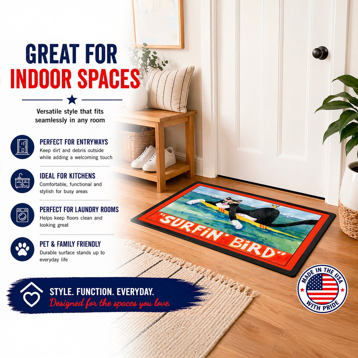 Black and white Cat Surfin Bird Doormat Indoor Outdoor 18H X 27W Front Door Mat Rugs for Entryway, Non Slip Washable