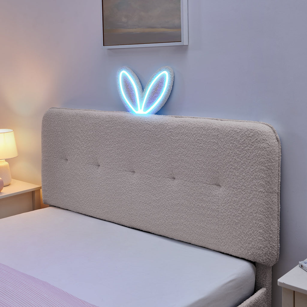 Queen Size Kids Upholstered Bed with Rabbit Ear Headboard & Storage - Boucle