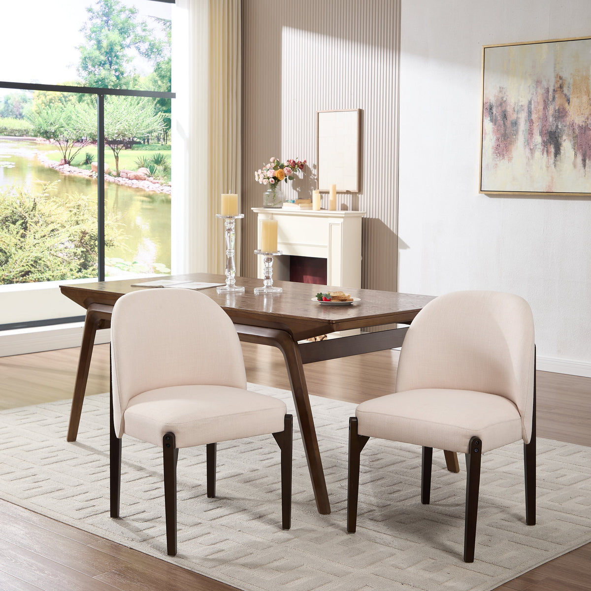 Wooden Dining Chairs Set of 2 with Fabric Upholstery - Beige