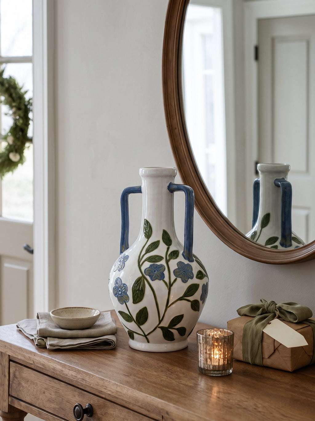 Floral Amphora Ceramic Vase with Elegant Floral Design - Blue, Green & White