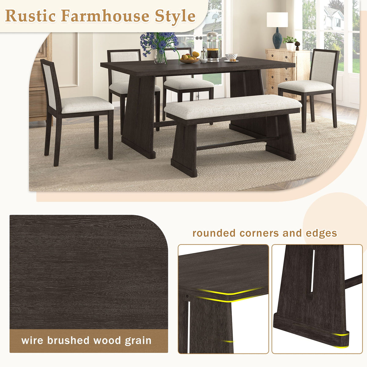 6 Piece Dining Room Set with Upholstered Chairs & Padded Bench - Light or Dark Brown