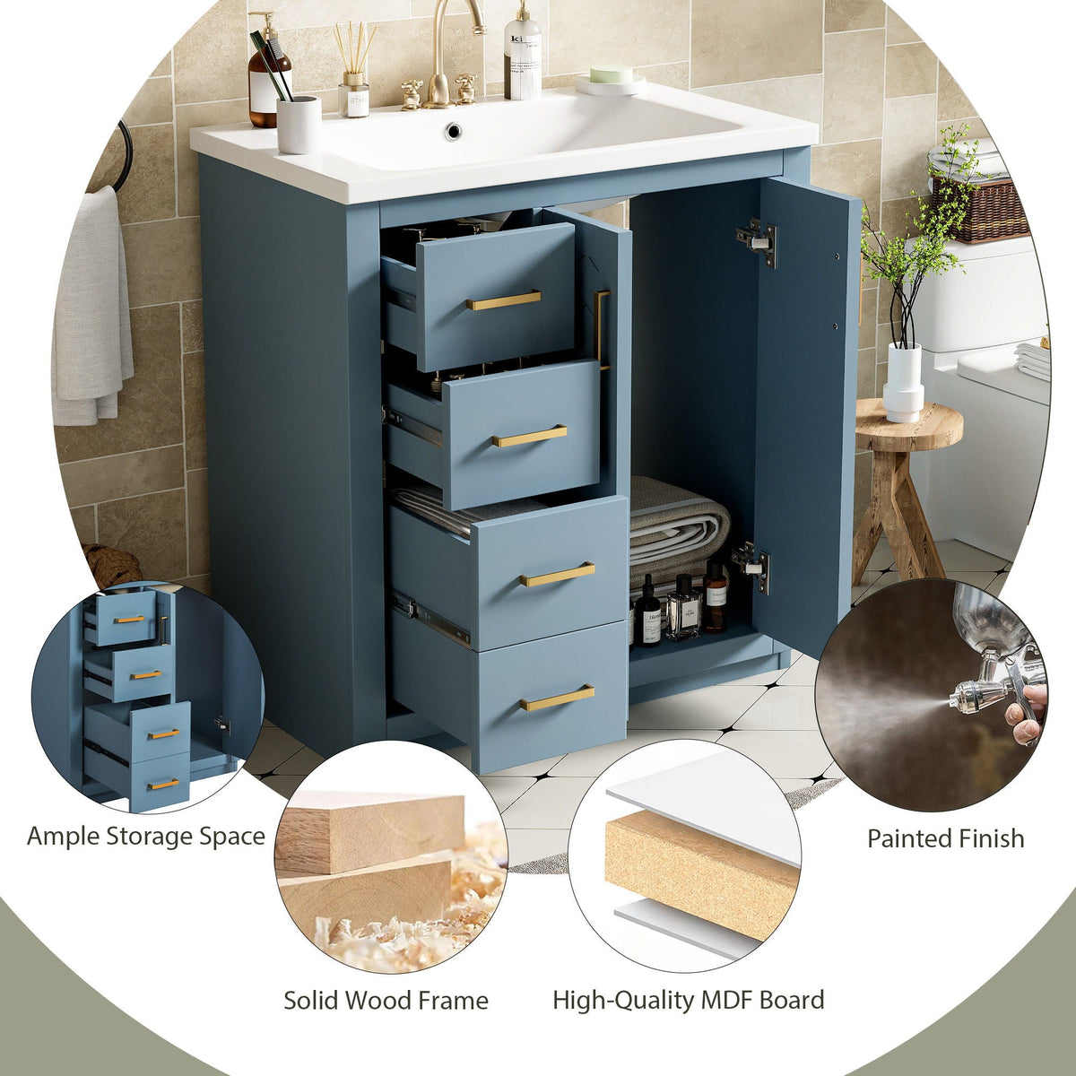 Ceramic Sink Vanity Combo with 3 Drawers and Soft Closing Doors - 30"