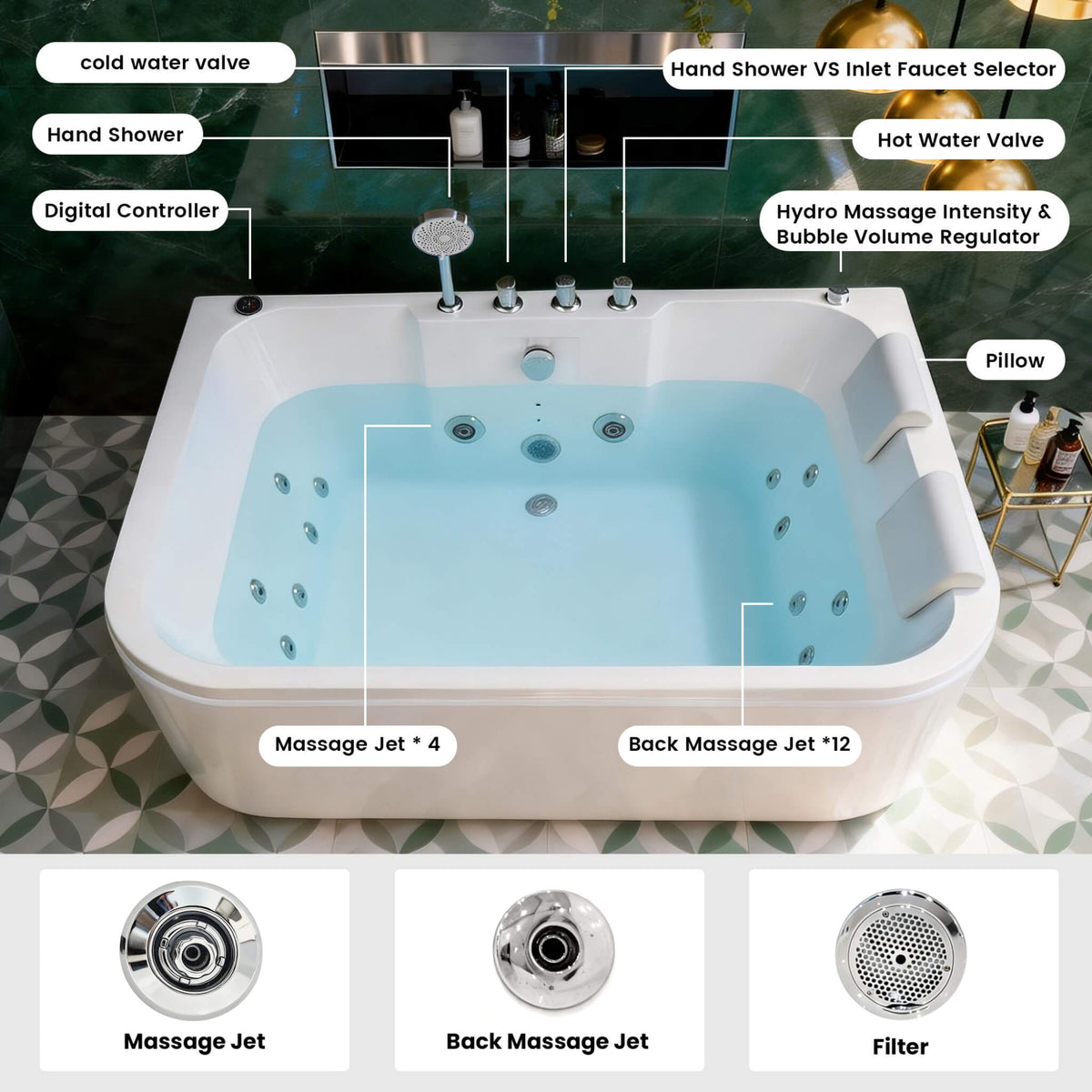 Lagoona 61-Inch 2-Person Acrylic Whirlpool Massage Bathtub With 16 Water Jets And LED Lights (SAK15780)