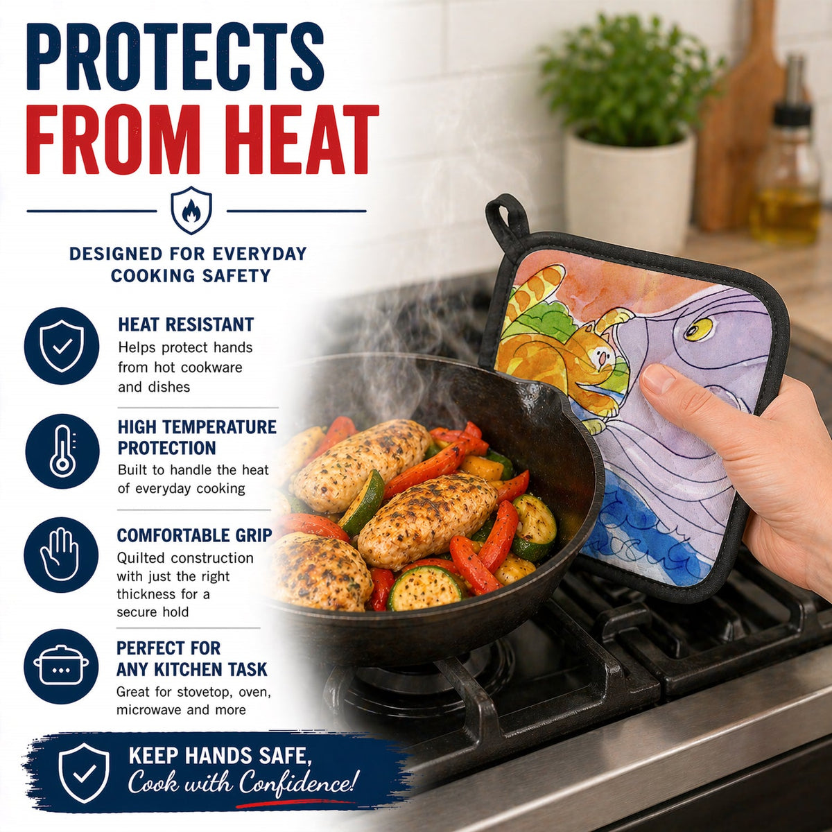 Cat and the Big Fish Pot Holder Set of 2 Heat Resistant Quilted Hot Pads 7.5 x 7.5 Inch, Insulated Kitchen Trivets for Cooking & Baking