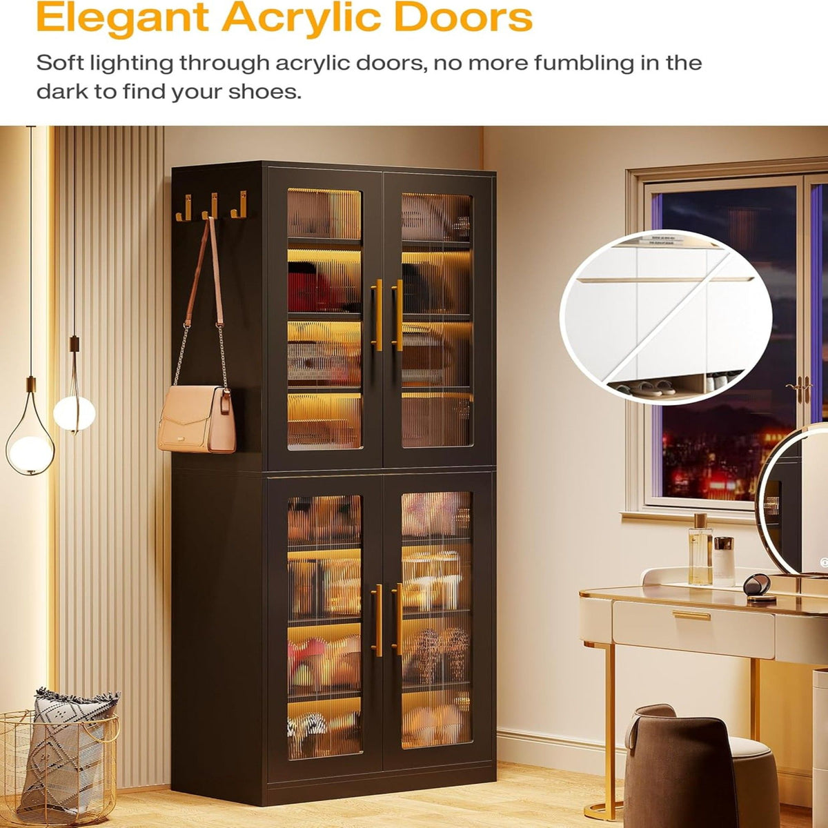 Bookcase With Doors and LED Lighting with Adjustable Shelves - Black, Gray, White