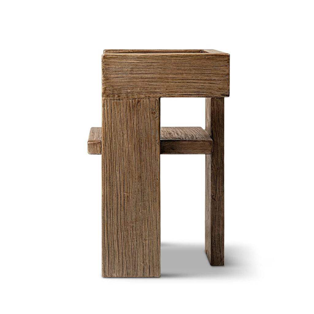 Sculptural Block Accent Chair with Reclaimed Elm Construction - Brown