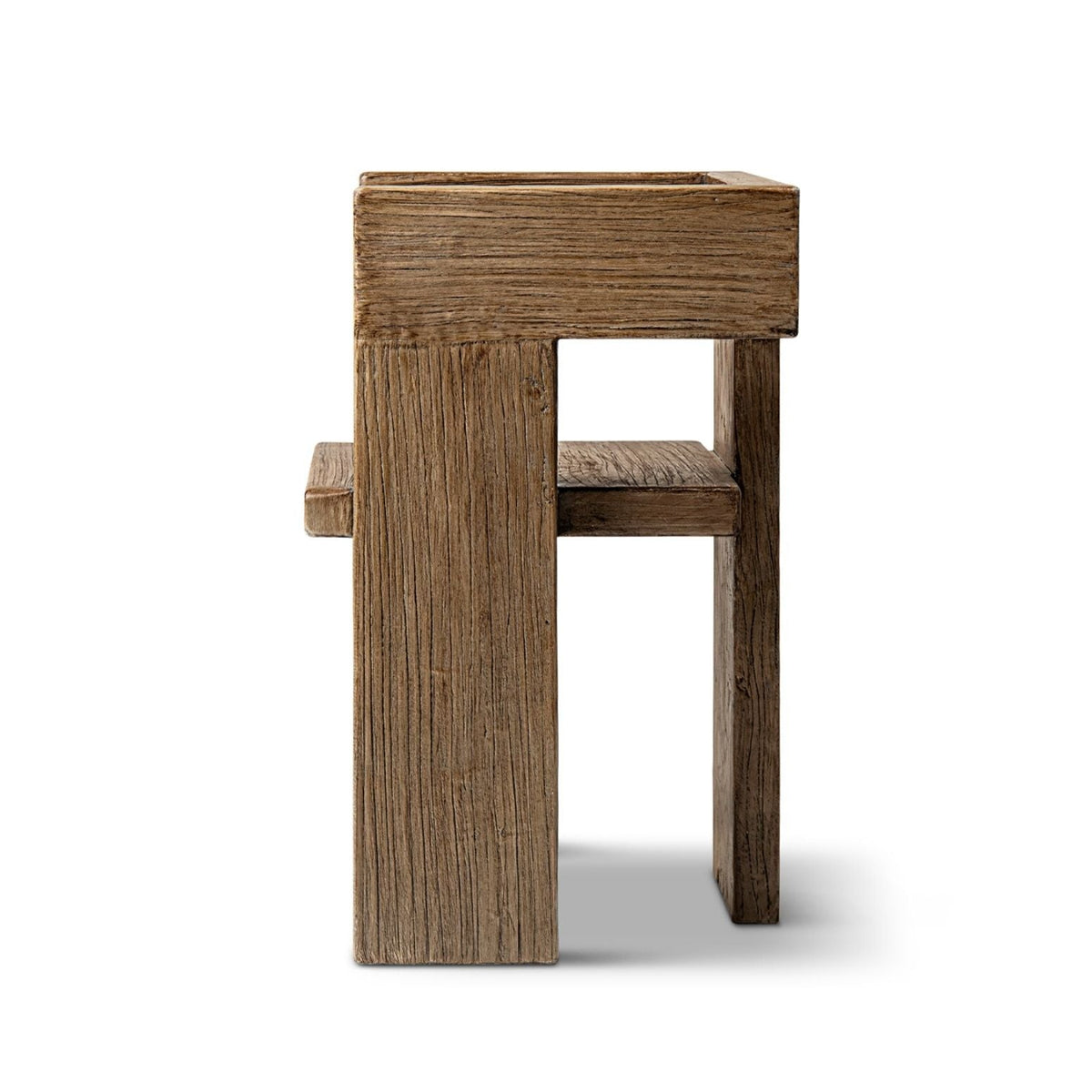 Sculptural Block Accent Chair with Reclaimed Elm Construction - Brown