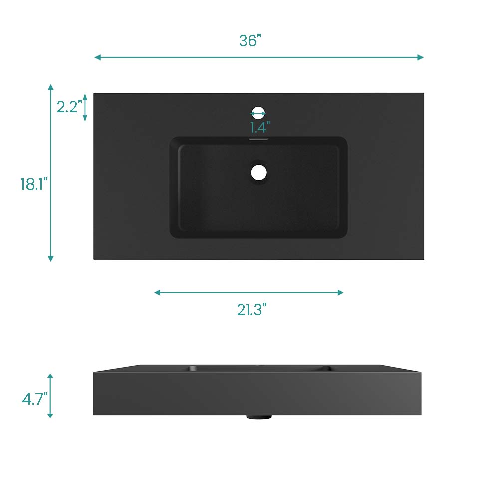 Matte Black Integrated Solid Surface Basin with Built-in Overflow - Matt Black