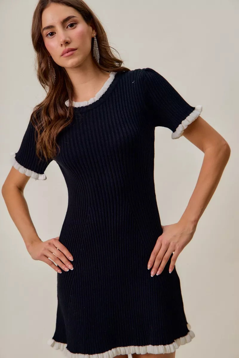 SO ME Contrast Ruffled Sweater Knit Mini Dress