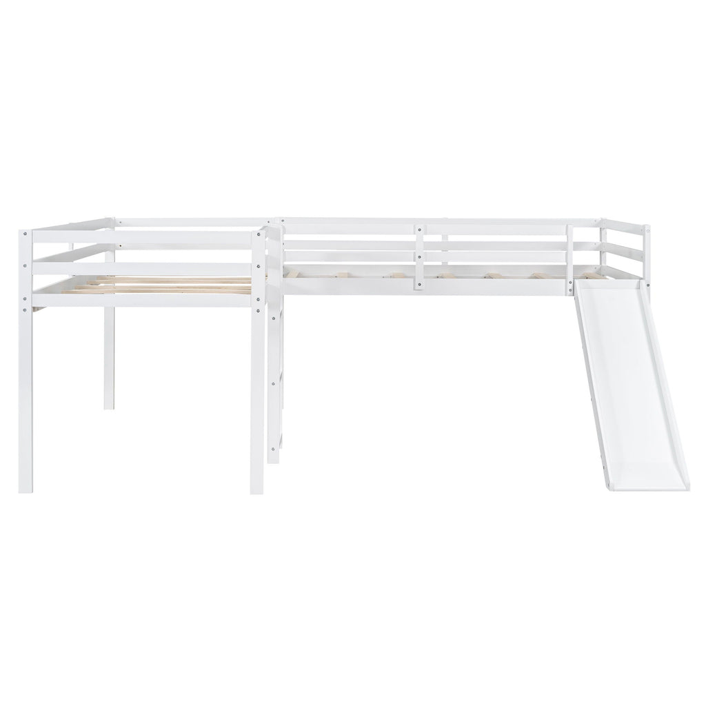 L Shaped Loft Bed with Slide and Ladder - Twin Size, Solid Wood - White or Dark Gray