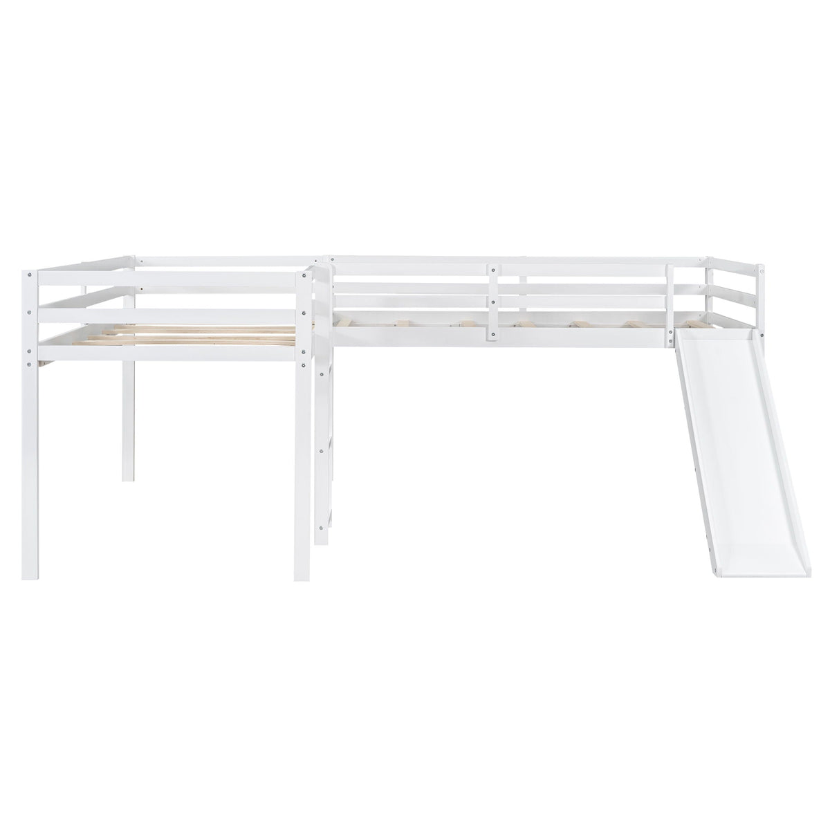 L Shaped Loft Bed with Slide and Ladder - Twin Size, Solid Wood - White or Dark Gray