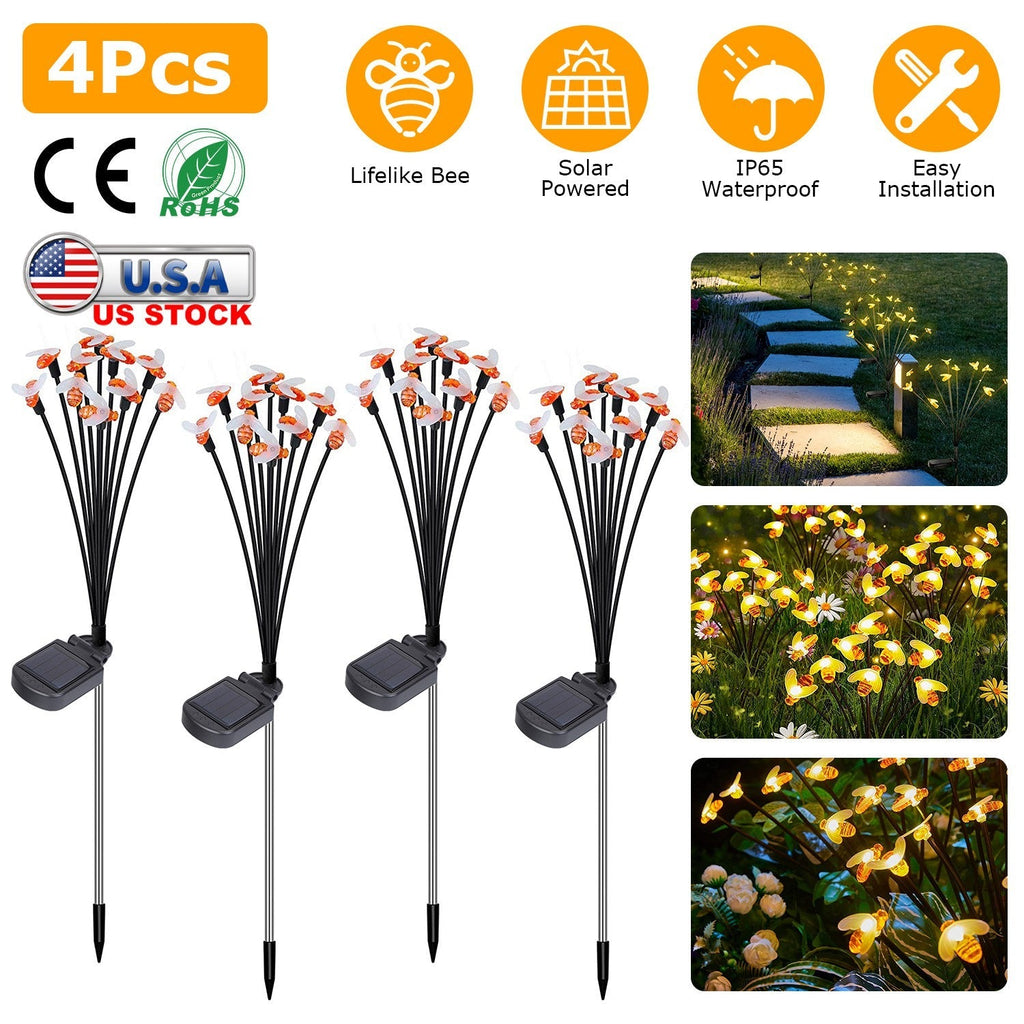 4Pack Solar Powered Stake Bee Light 2 Lighting Mode Lifelike Firefly Decorative Stake Lamp IP65 Waterproof Outdoor Landscape Garden Light Warm Yellow
