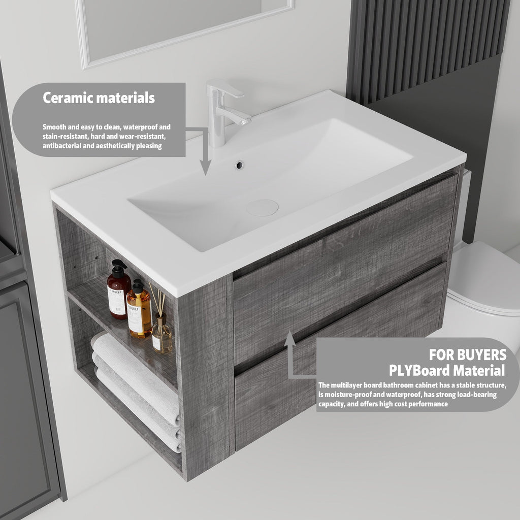 36 Inch Floating Bathroom Vanity with Ceramic Sink and Soft-Close Doors - Multiple Colors