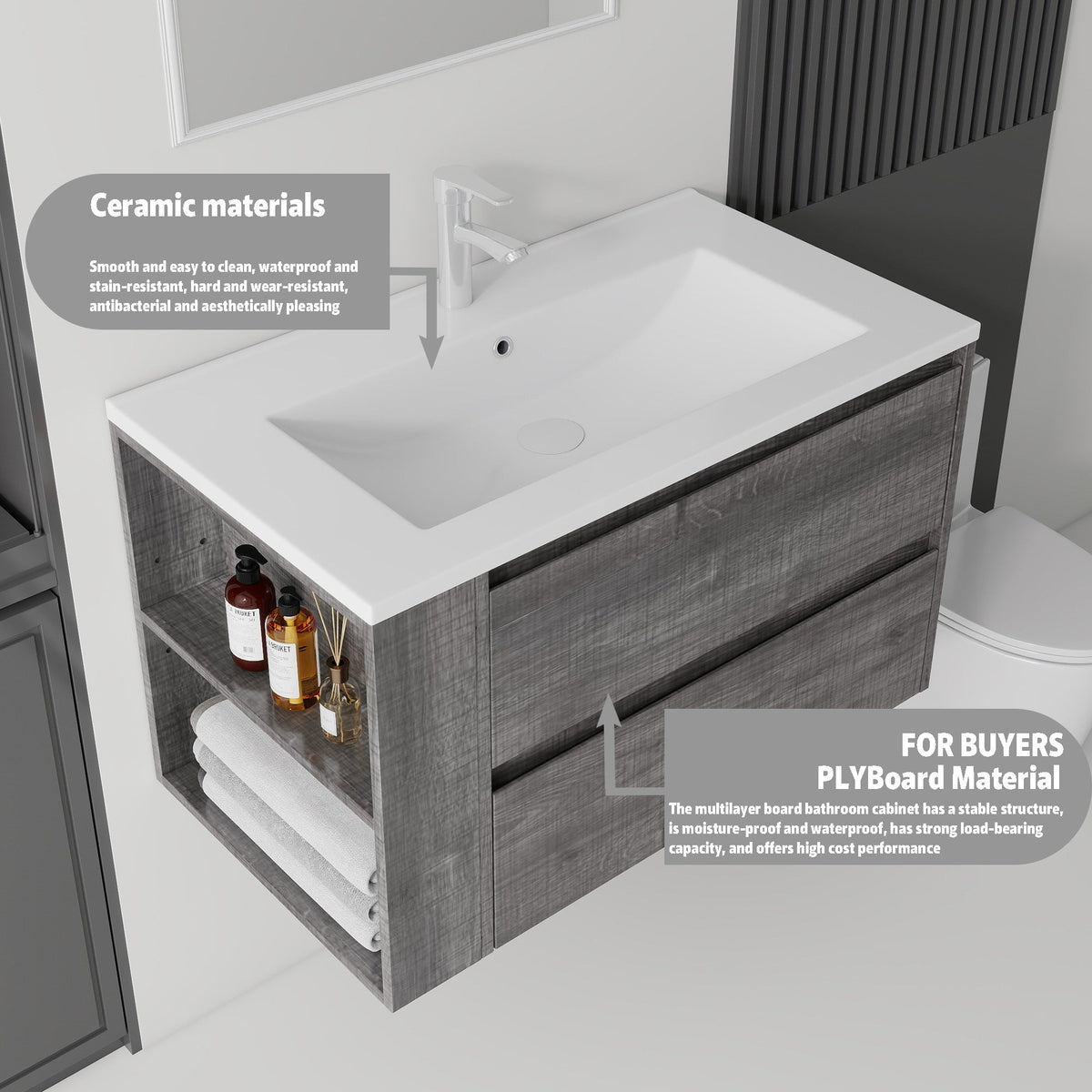 36 Inch Floating Bathroom Vanity with Ceramic Sink and Soft-Close Doors - Multiple Colors