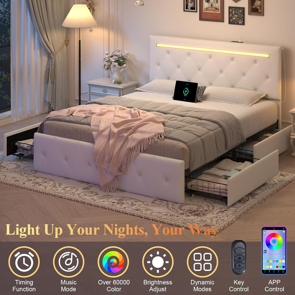 Upholstered Storage Bed Frame with LED Lights and Drawers – White or Black