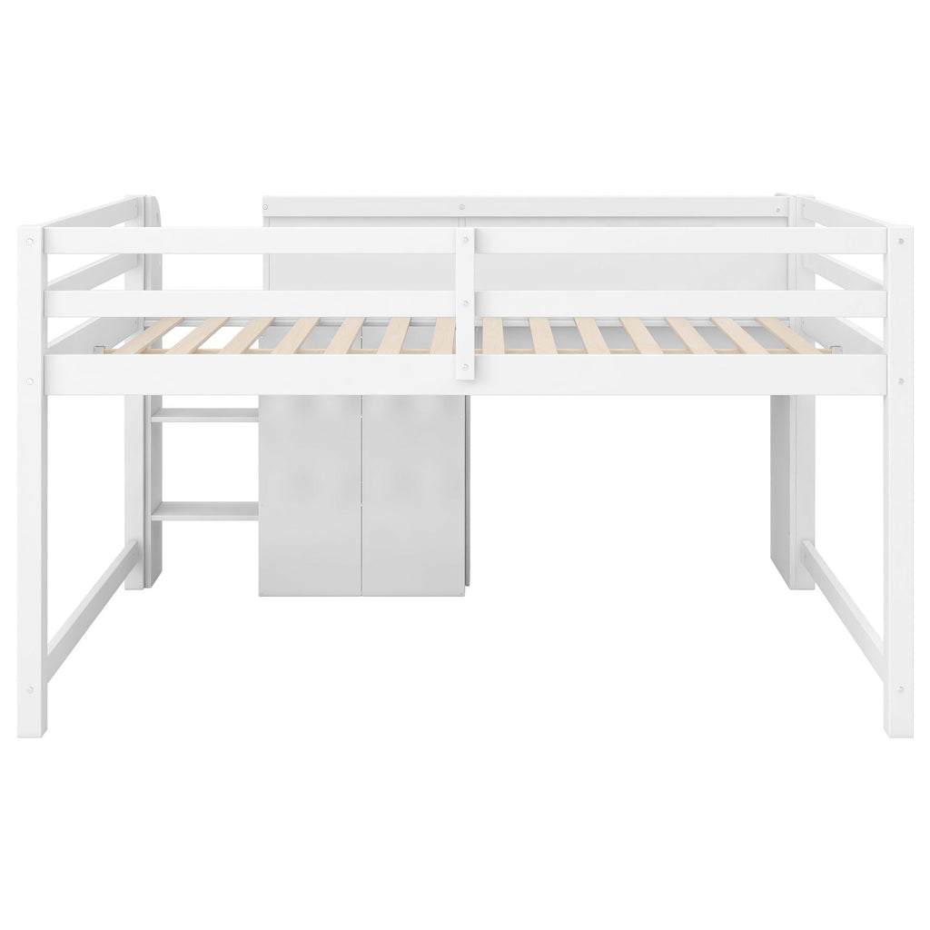 Low Loft Bed With Built In Desk, Storage Cabinets, Open Bookcase And Doodle Board